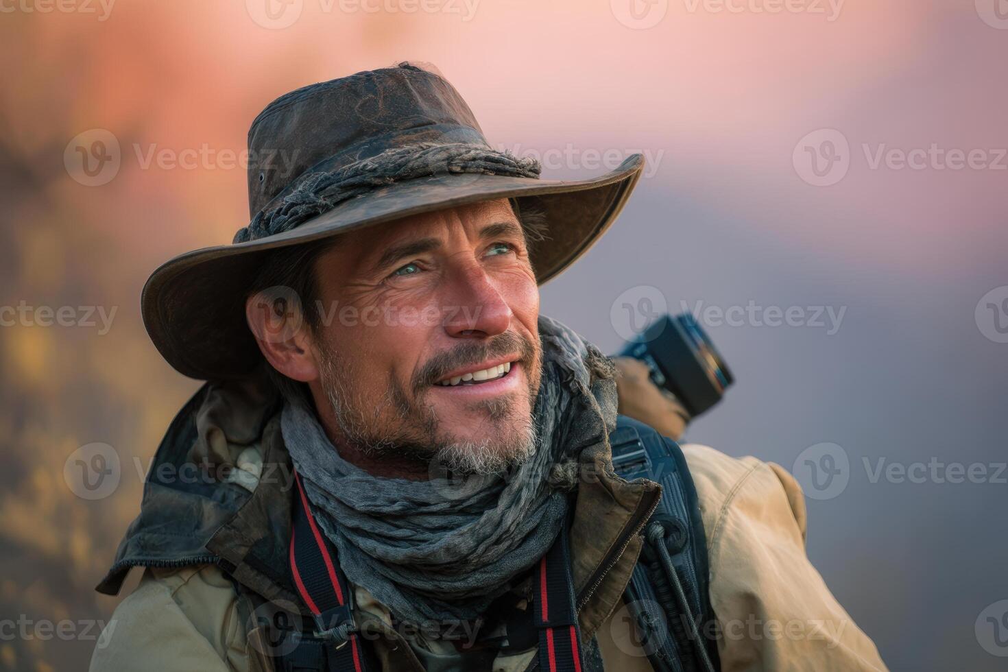 Adventurer smiles, wearing rugged hat and scarf, with camera gear. Light from sunset casts a golden glow. Blend of nature and exploration vibes captured in a remote setting. Adventure awaits photo