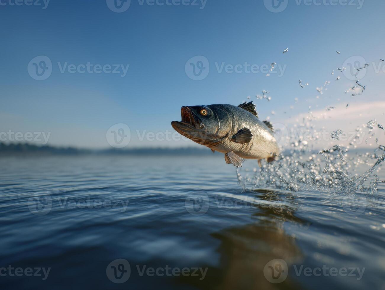 A fish leaps out of calm water, creating splashes under a clear blue sky. The horizon is visible in the distance, and the sunlight highlights the fish's scales, giving them a shiny appearance photo