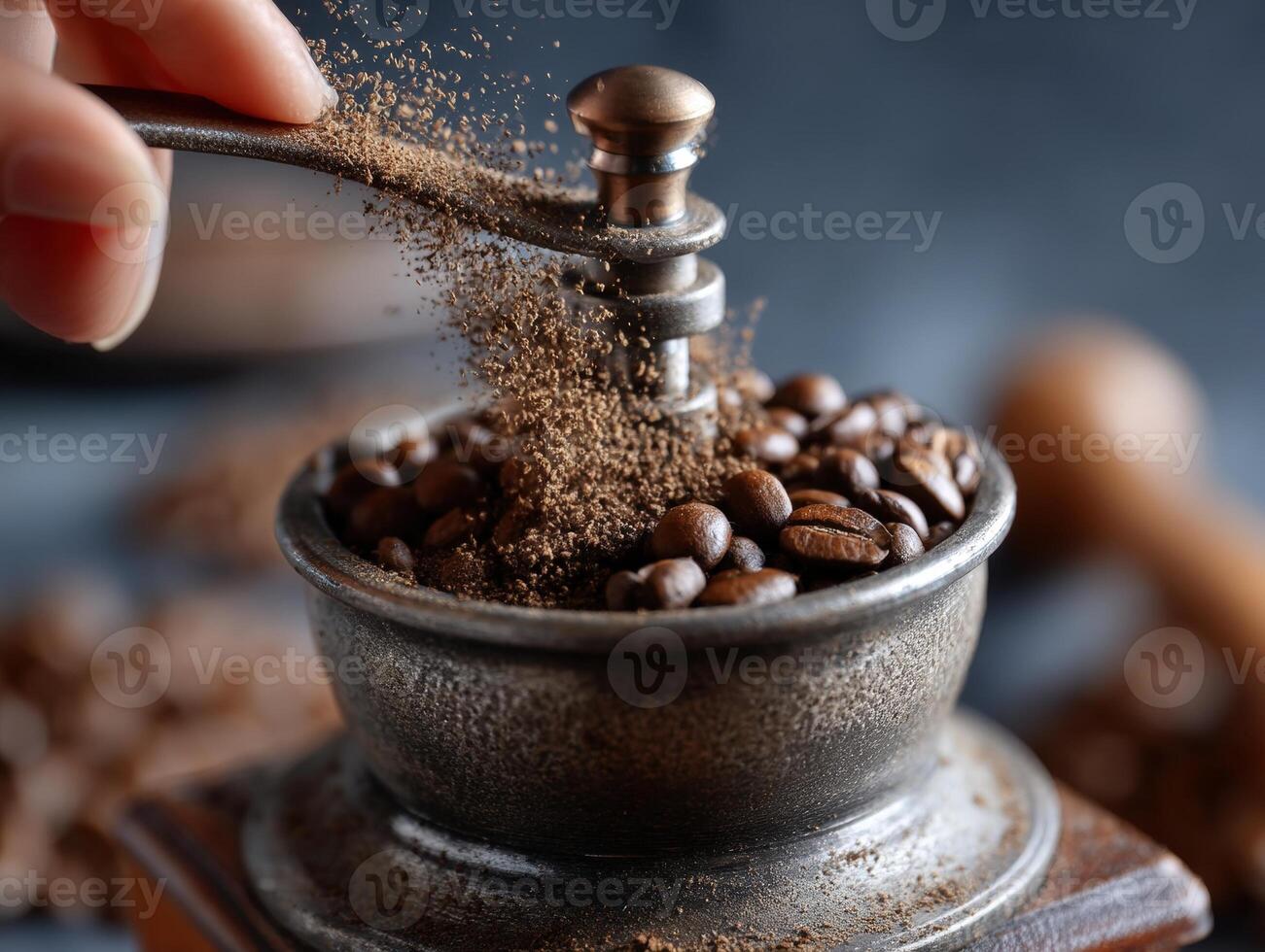 Hand grinding coffee beans with manual grinder, metal bowl, freshly ground coffee falling, close-up view, blurred background, wooden base, rich brown tones, movement captured mid-action photo