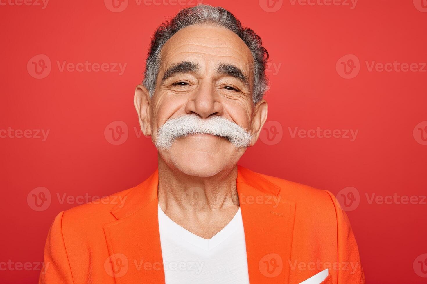 Elderly man with thick white mustache, wearing an orange jacket over a white shirt. He has gray hair, smiling warmly against a neutral backdrop, expressing friendliness and positivity photo