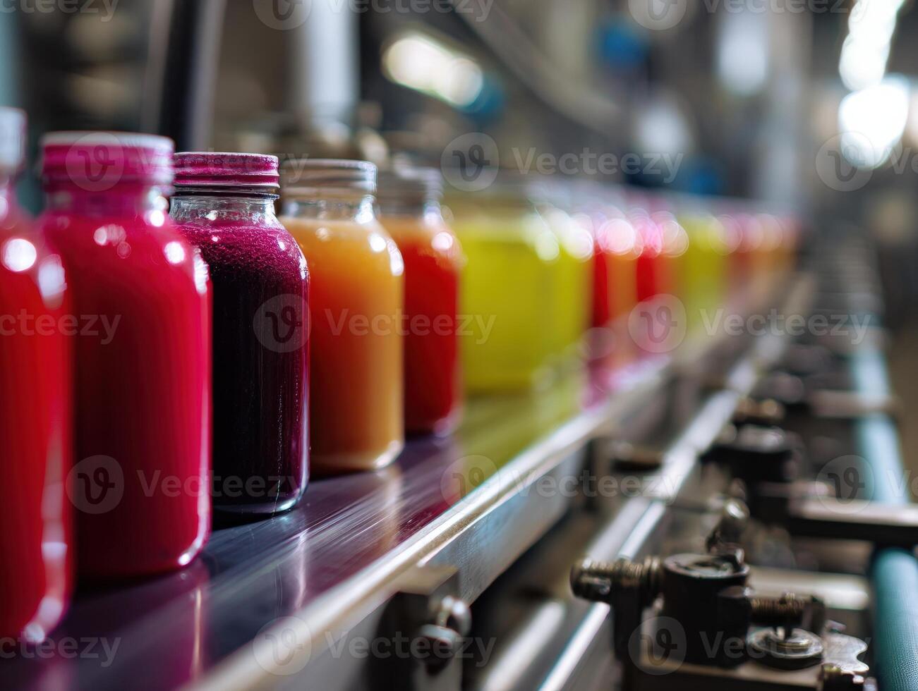 Jars with vibrant liquids in various colors, including red, yellow, and orange, are aligned on a metallic conveyor belt in a production facility, with a blurred industrial background photo