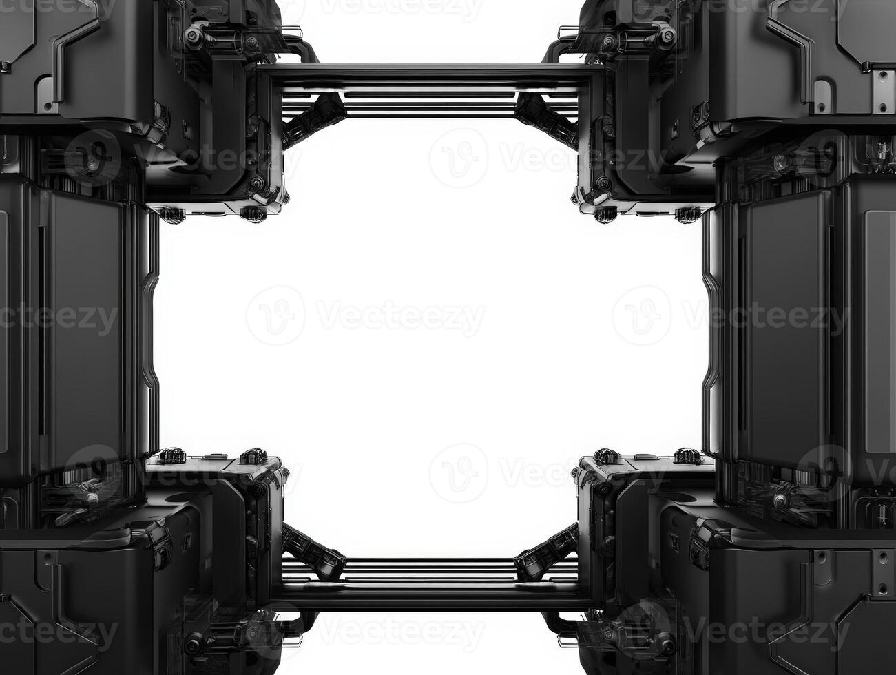 Intricate black mechanical structure with four symmetrical angular units, connected by rods, forming a square frame with an open center space, creating a futuristic appearance photo