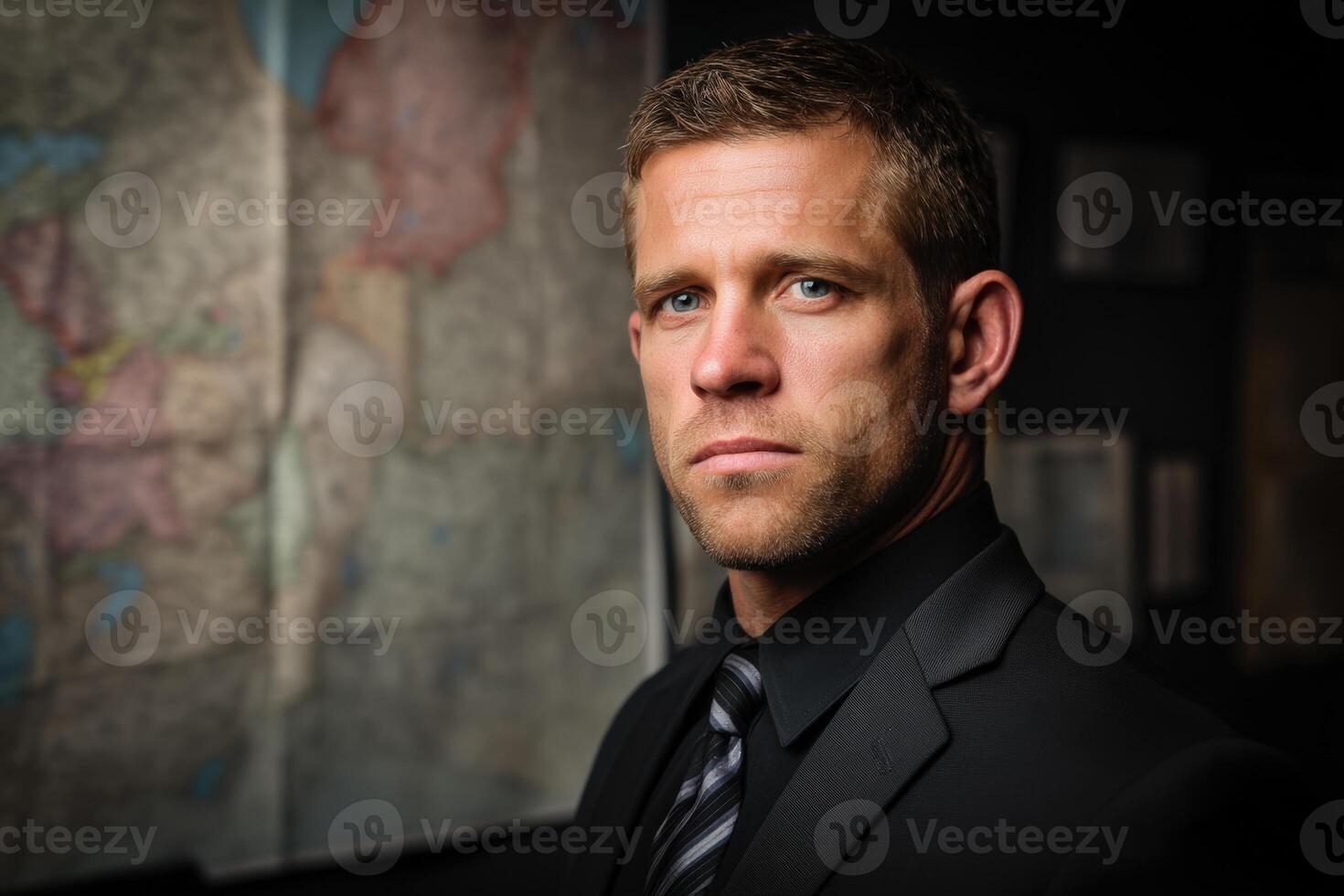 Serious man in a dark suit gazes confidently, standing indoors with blurred maps in the background. His intense expression conveys focus and determination. Light highlights his features photo