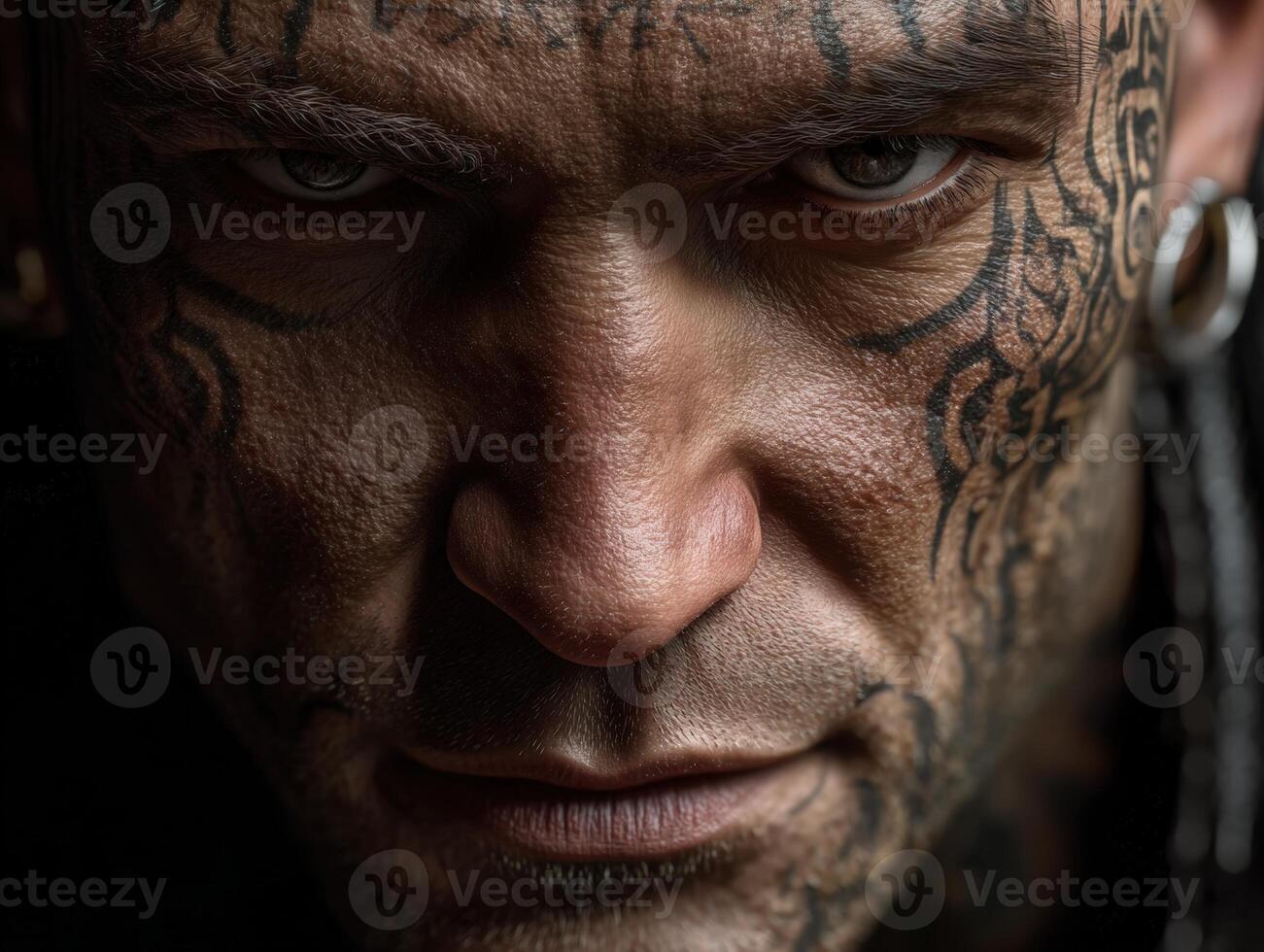 Intense gaze of a person with intricate facial tattoos, earrings, and detailed texture on skin. The expression appears fierce and dramatic, with strong lighting emphasizing features photo