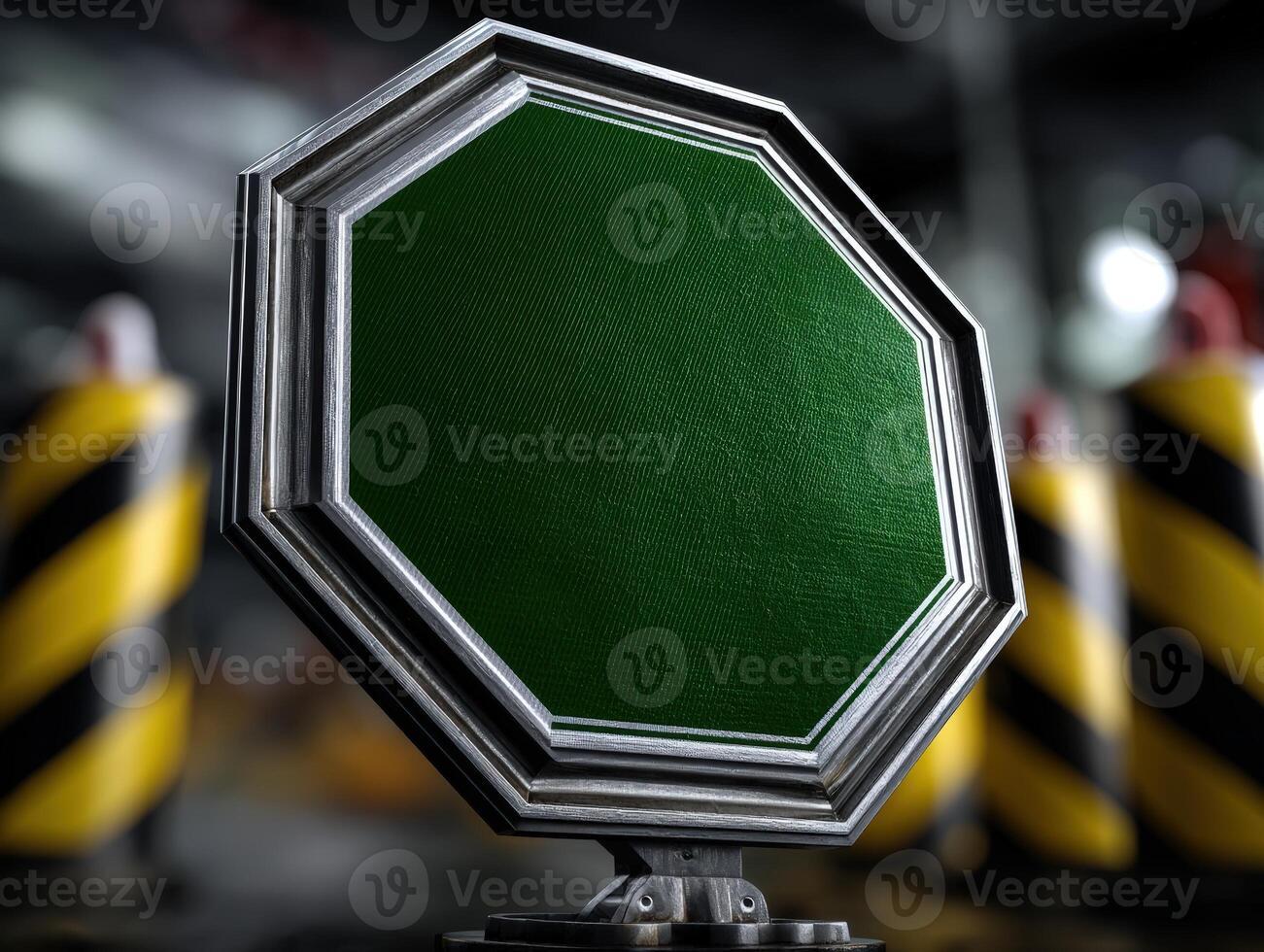 Octagon-shaped sign with a green surface and silver border, mounted on a small base. In the blurred background, black and yellow striped pillars create an industrial setting photo