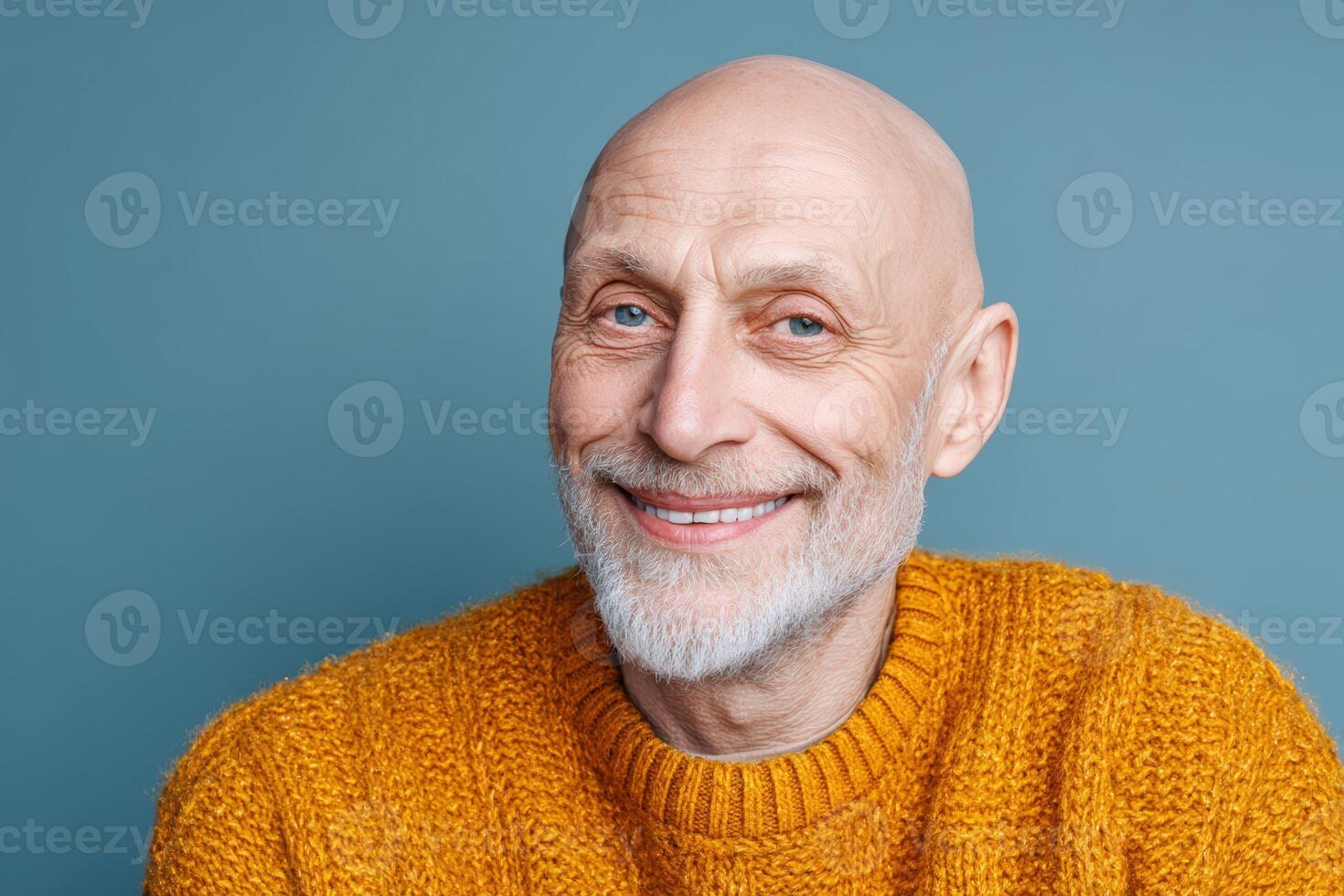 Bald man with a white beard wears a mustard yellow sweater, smiling warmly at the camera against a soft blue backdrop. The image evokes feelings of warmth and approachability photo