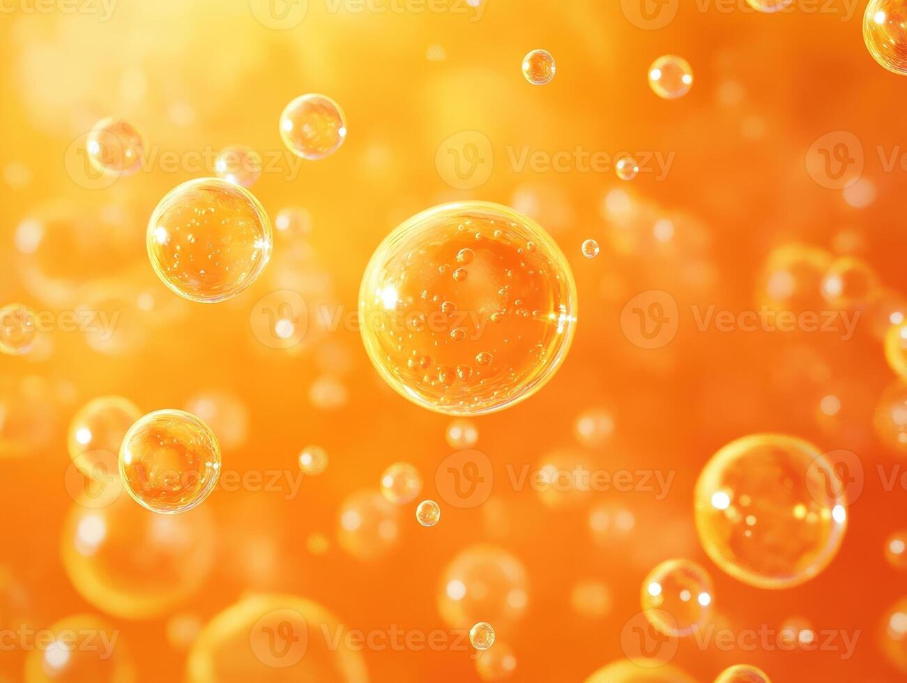 Translucent bubbles of various sizes float against a vibrant orange backdrop, creating a bright and lively scene. The image presents a sense of freshness and energy photo