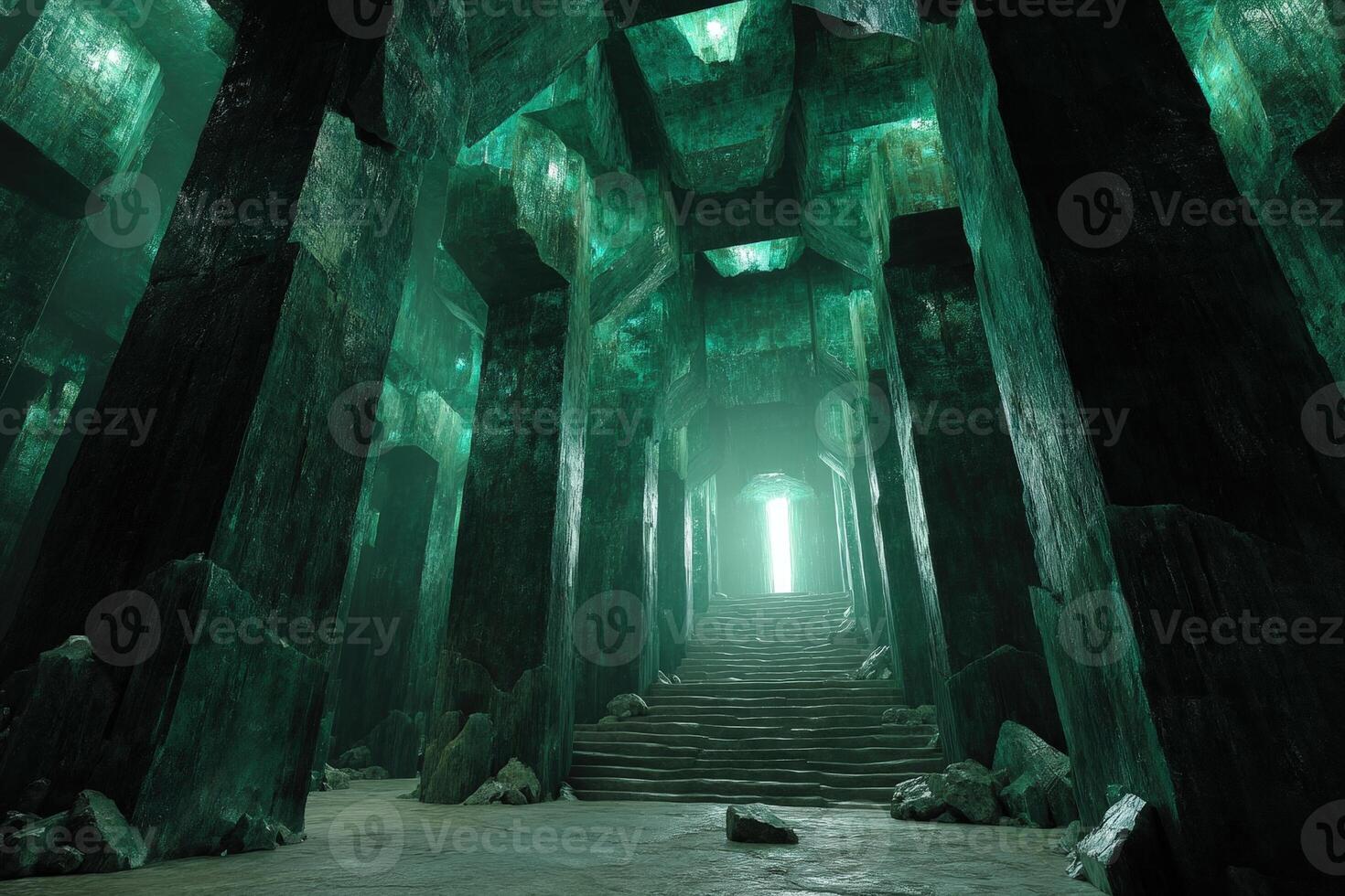 Majestic stone corridor with towering emerald-colored columns leading to a bright light at the top of the stairs, creating a mystical and enchanting atmosphere photo