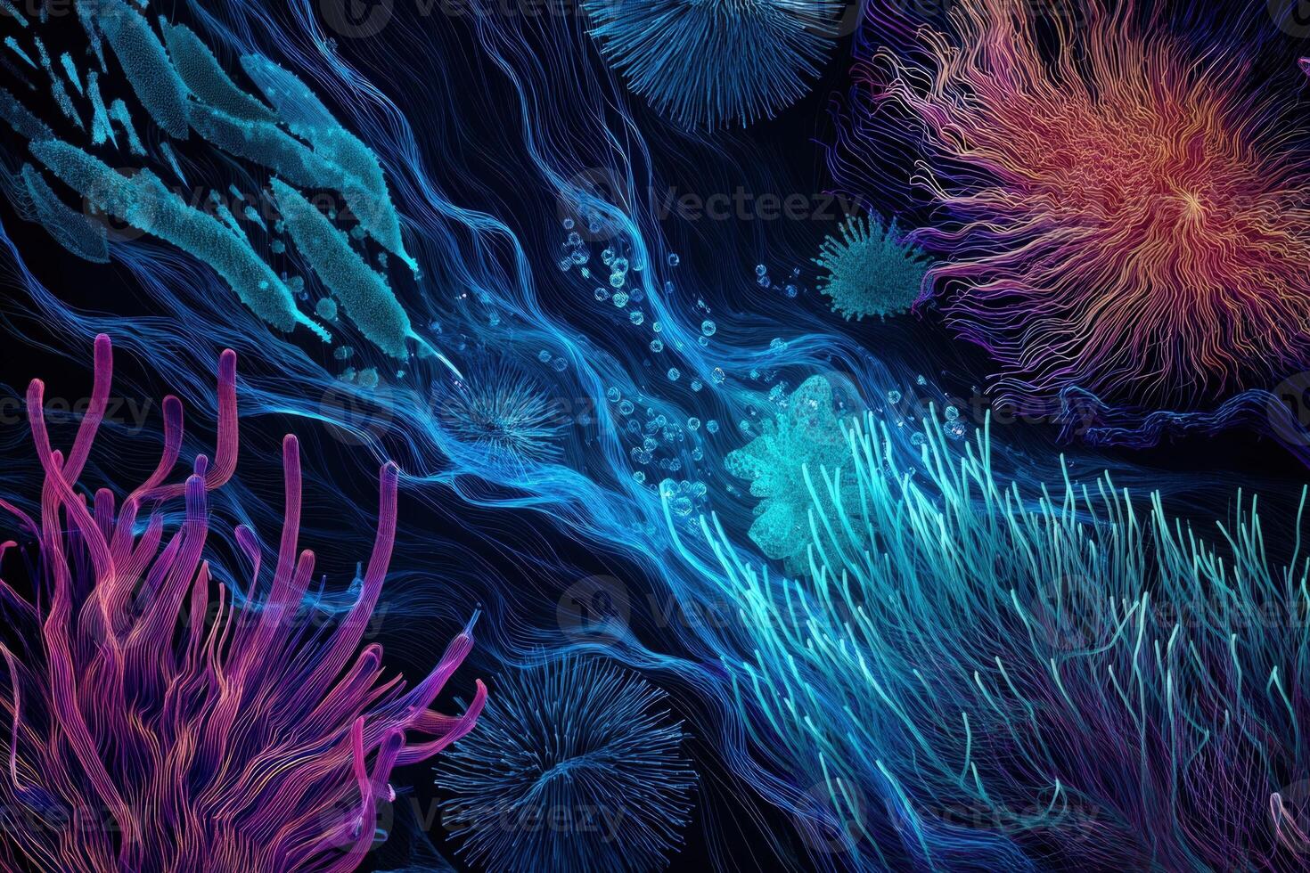 Abstract, colorful underwater scene with intricate corals and flowing strands. Bright purples, blues, and oranges create a vivid display of marine life, emphasizing organic, flowing shapes photo