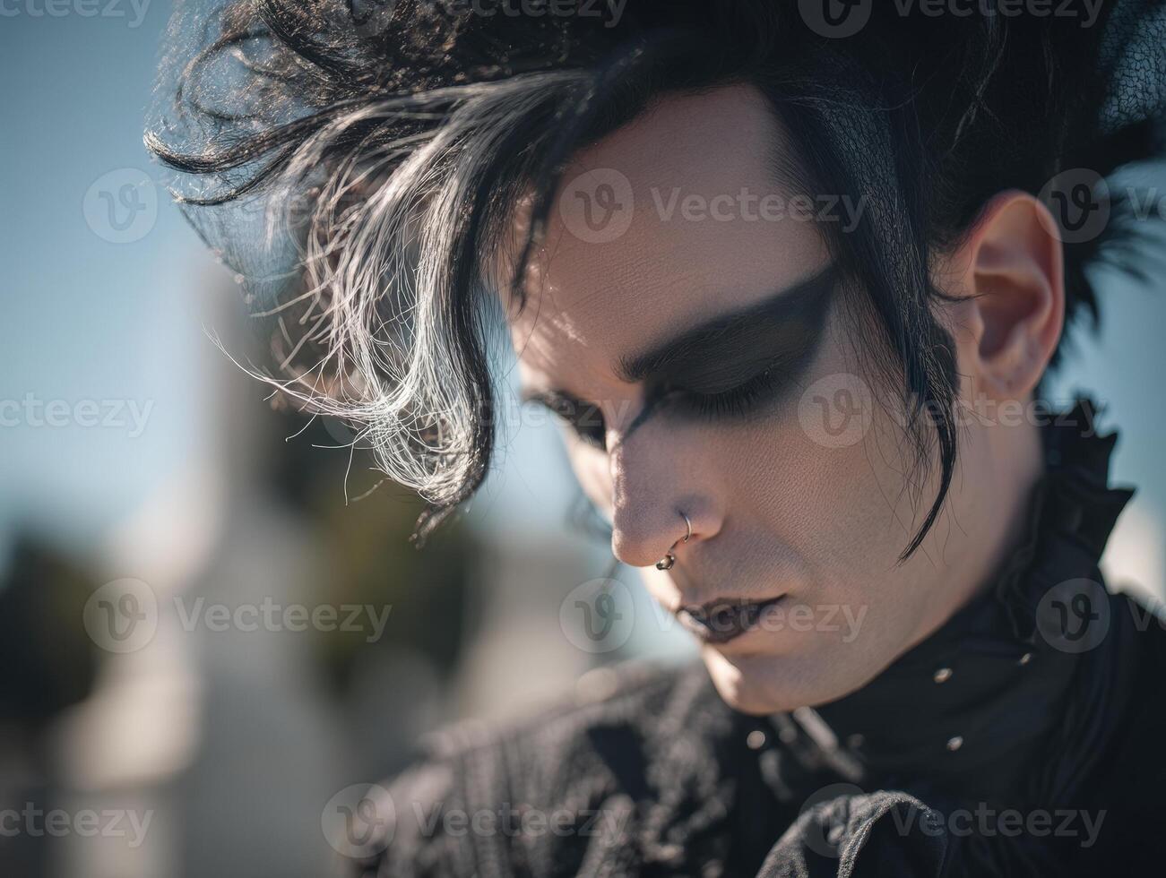 A person with dramatic makeup gazes downward, featuring bold black eyeshadow, pale skin, and dark lipstick. Hair is styled voluminously with streaks, and attire includes high collar with studs photo