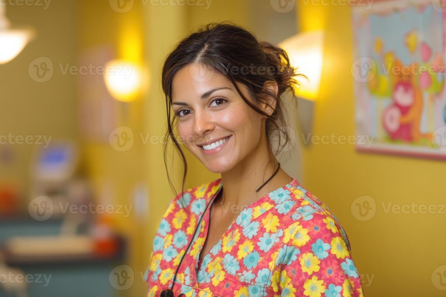 Smiling woman in floral-patterned scrubs stands indoors. She has dark hair tied back, creating a neat appearance. Behind her, colorful decor and soft lighting create a warm atmosphere photo