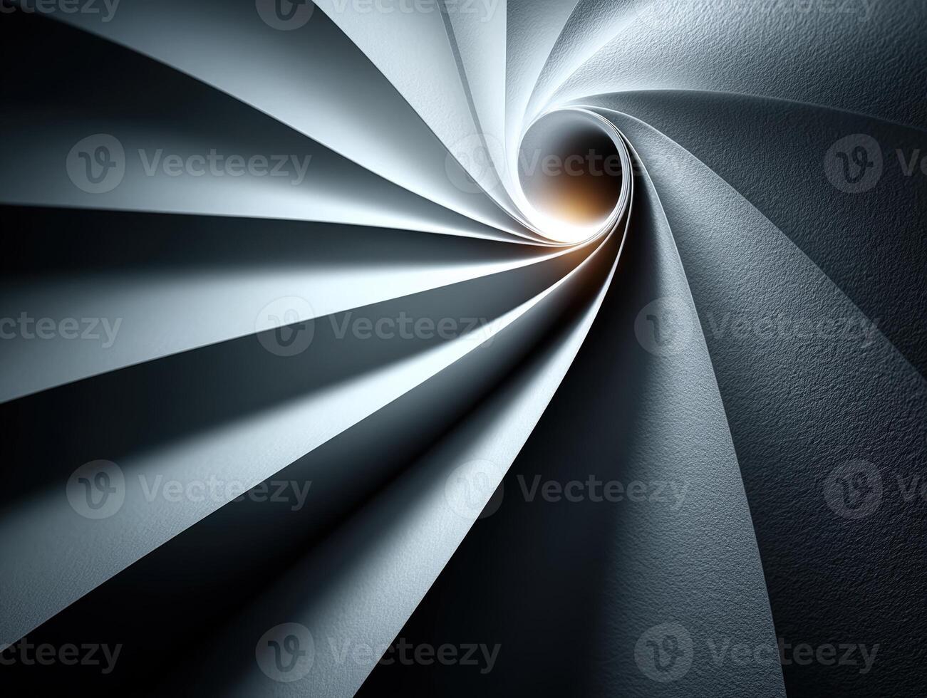 Abstract design with spiraling, textured gray-blue layers converging at a circular central point, creating a sense of depth and movement. Light subtly illuminates the core area photo