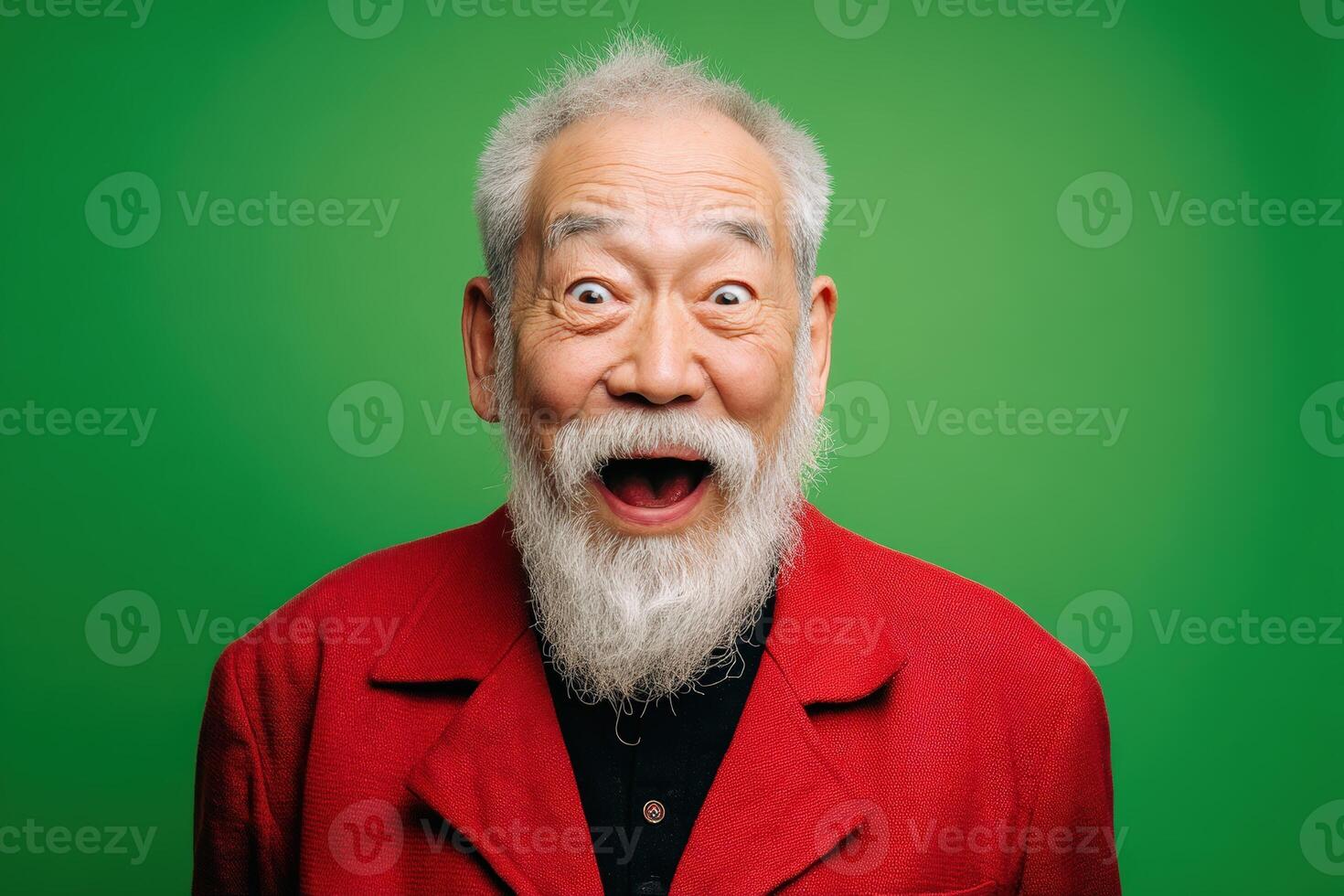Elderly man with a white beard and open mouth wearing a red jacket, expressing surprise against a green background. His hair is short and grey, and his eyes are wide open photo