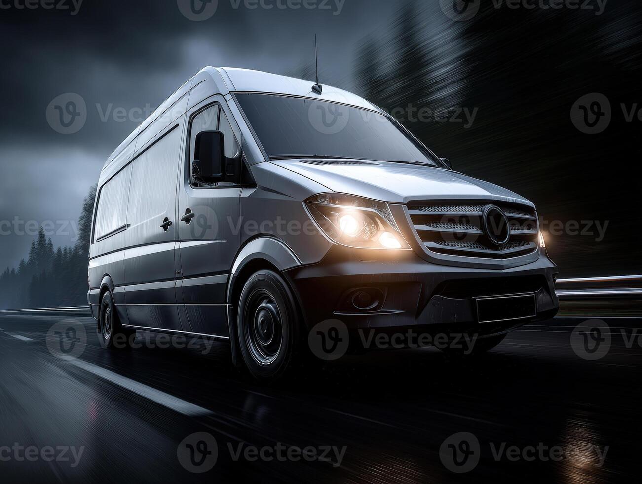 Silver van driving on a wet road under a cloudy sky at dusk, headlights on, blurred motion effect, trees visible in background, front view dominates the frame, no text visible photo