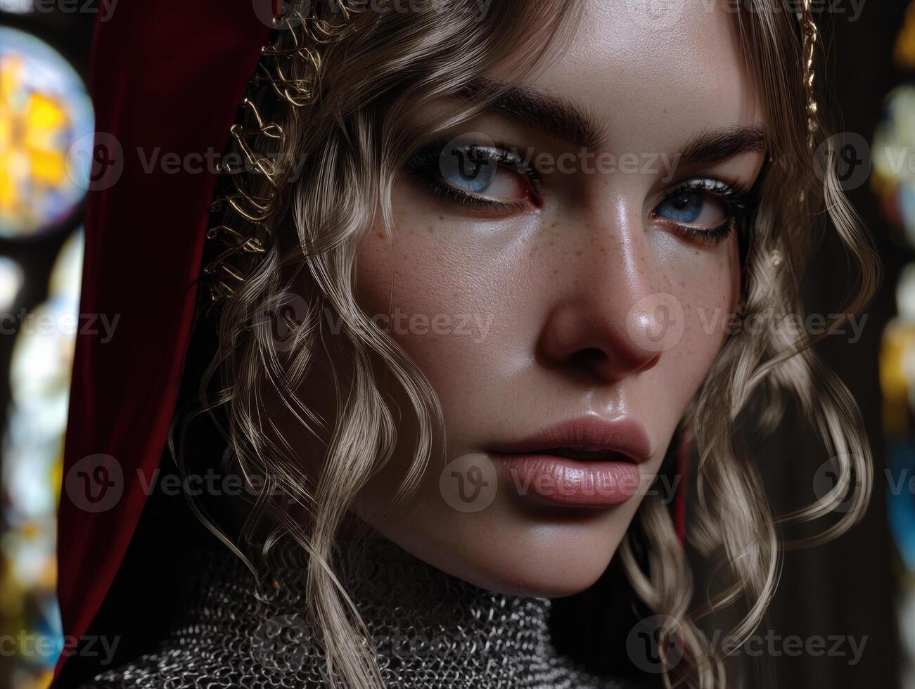 Elegant portrait of a young woman with blond curls, wearing a red hood and intricate chainmail, against a blurred background. Her striking gaze and delicate features captivate attention photo