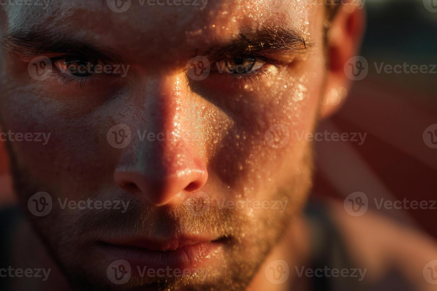 Intense close-up of a determined person with a sweaty face, highlighting focused eyes and textured skin. The low lighting creates dramatic shadows, emphasizing determination and effort photo