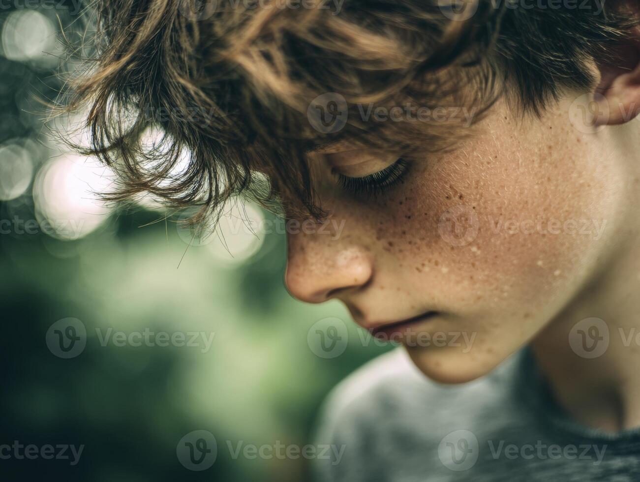 Young person with curly brown hair and freckles gazes downward thoughtfully, blurred green foliage in the background. The soft focus creates an intimate and introspective atmosphere photo
