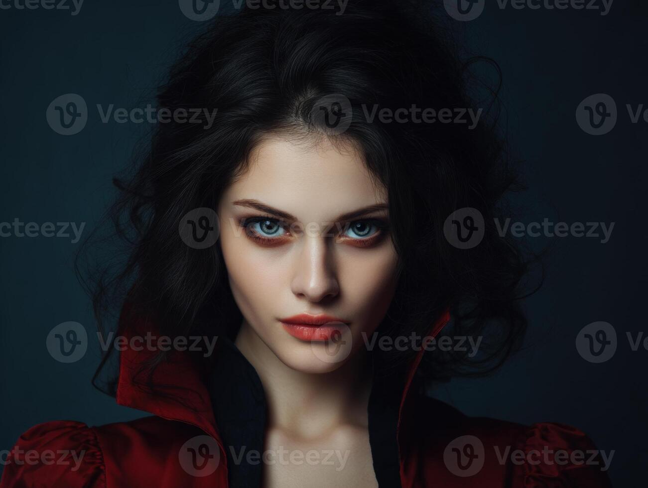 Mysterious woman with intense gaze, dark curly hair, and bold red lipstick, wearing a red and black outfit with dramatic lighting enhancing her striking features photo