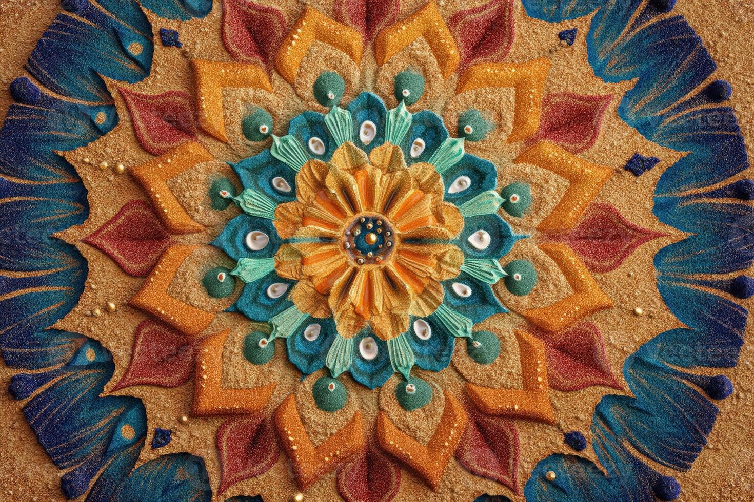 Colorful mandala featuring intricate symmetrical patterns with petals, leaves, and beads in vibrant blues, yellows, and oranges, creating a mesmerizing radial design with depth and texture photo