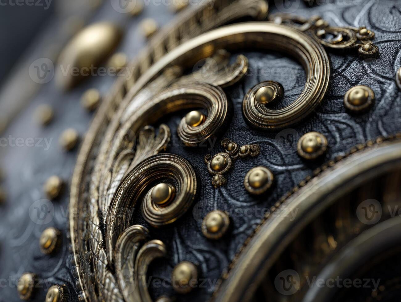 Ornate metal design with intricate gold swirls and small golden spheres over a textured dark background. The close-up shot highlights the luxurious details and craftsmanship photo