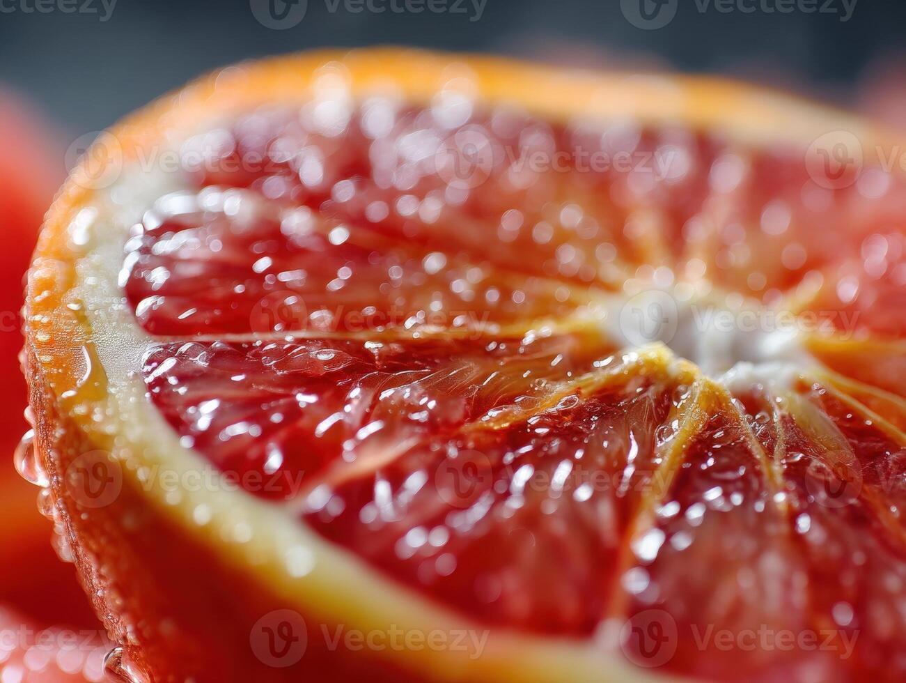 Close-up of a juicy, vibrant red citrus fruit slice with glistening droplets, showcasing the intricate textures of the pulp and rind. The fruit is fresh and appears appetizing photo