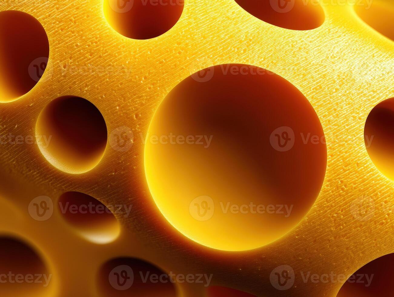 Golden textured surface with large and small circular holes creating an abstract pattern. The lighting highlights the three-dimensional quality and depth, giving the surface a soft glow photo