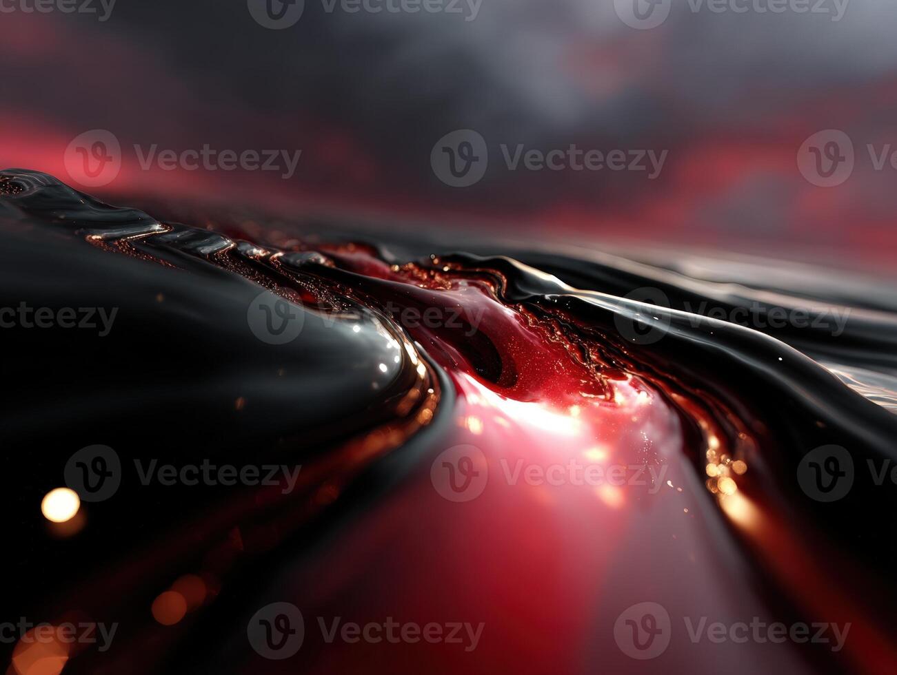Abstract flowing liquid texture with glossy, reflective surface in dark and red tones, creating a sense of movement and depth with high contrast and dramatic lighting photo