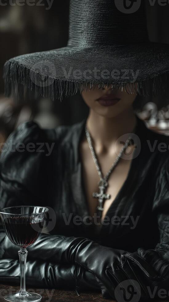 Mysterious woman in black leather outfit, wide-brimmed hat partly hiding her face, wearing a cross necklace with dark lipstick, hands gloved, sitting by a table with a glass of red wine photo