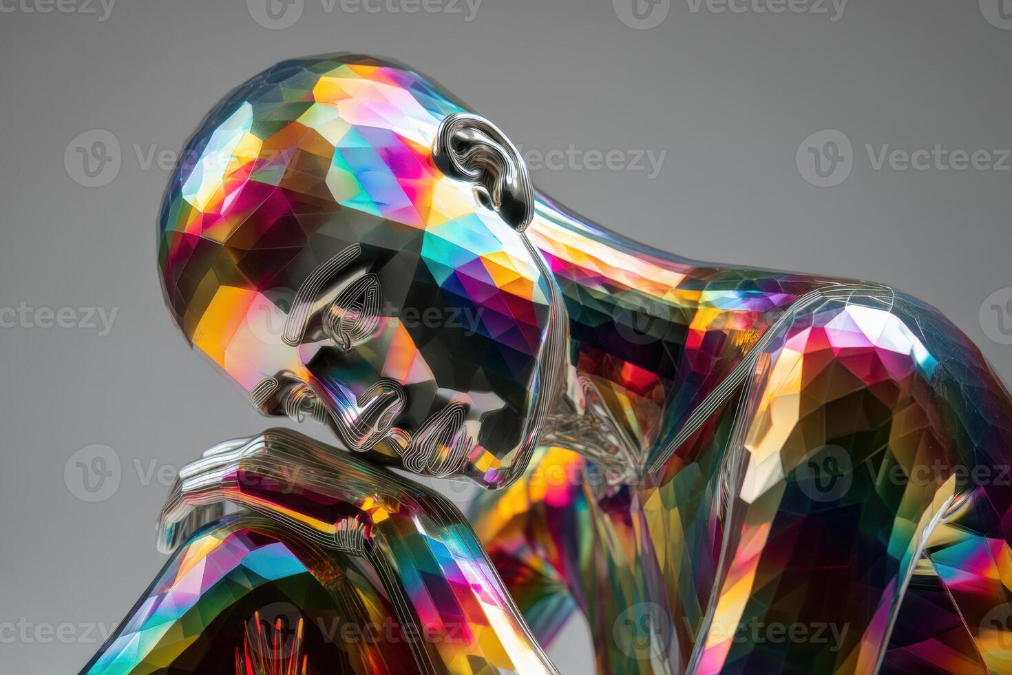 Colorful geometric humanoid sculpture composed of reflective polygons, exuding a futuristic and abstract appearance. The multicolored surface features a spectrum of vibrant hues photo