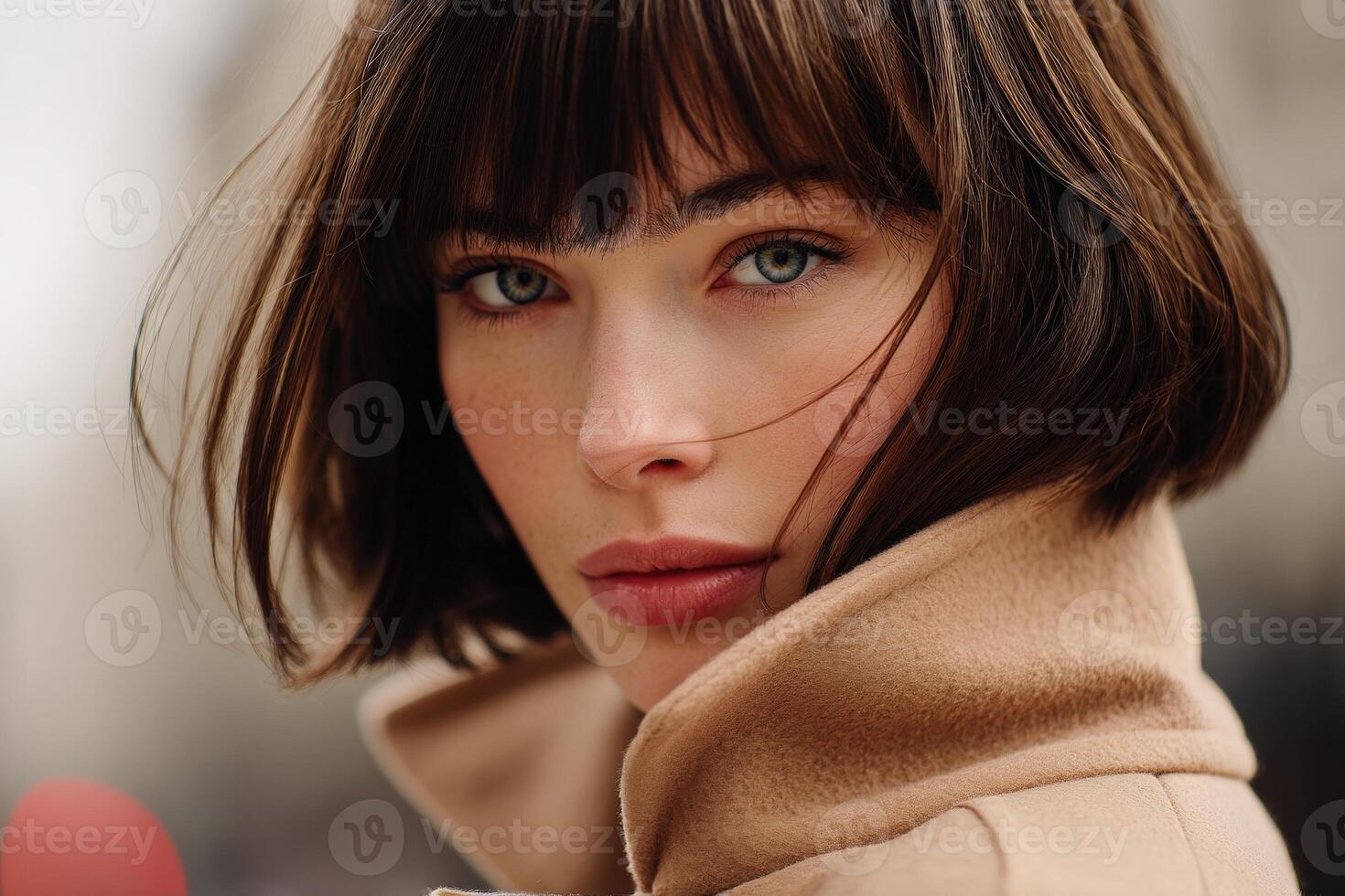 Brunette woman gazing directly at camera with striking blue eyes, wearing a beige coat with short hair framing her face. The background is softly blurred, highlighting her features photo