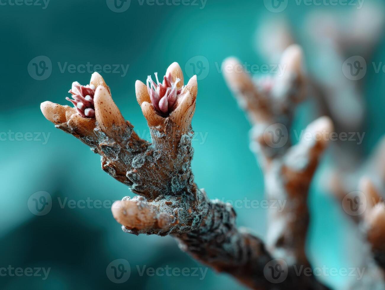 Close-up of budding twigs with tiny pink flowers emerging from brown buds on a blurred turquoise background, showcasing intricate textures and vibrant natural details photo