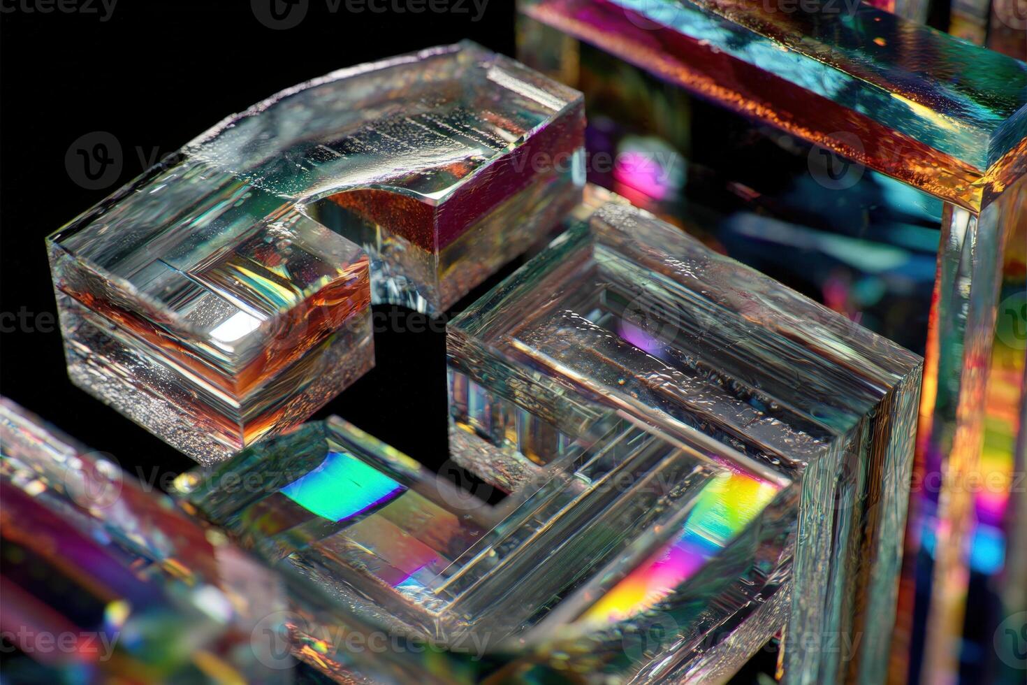 Intricate 3D letter C formed from transparent glass with colorful reflections and overlapping geometric shapes. The close-up shot highlights the shine and texture of the glass photo