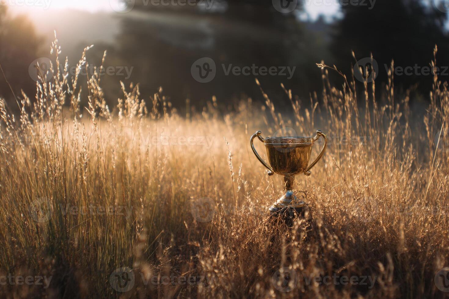 Golden trophy placed amidst tall, dry grass under soft, warm sunlight, creating a serene, glowing atmosphere. Sun rays peek gently through overhead trees, illuminating the trophy beautifully photo