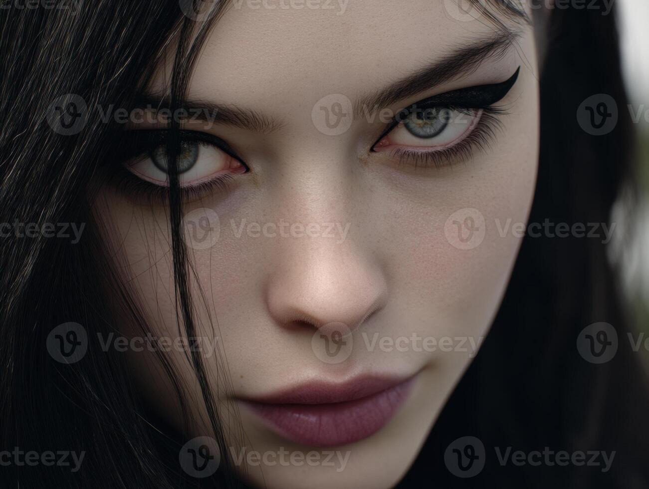 Intense close-up of a person with striking green eyes and bold eyeliner. Dark hair frames the face, emphasizing fair skin and defined brows. Lips are slightly parted with soft pink lipstick photo