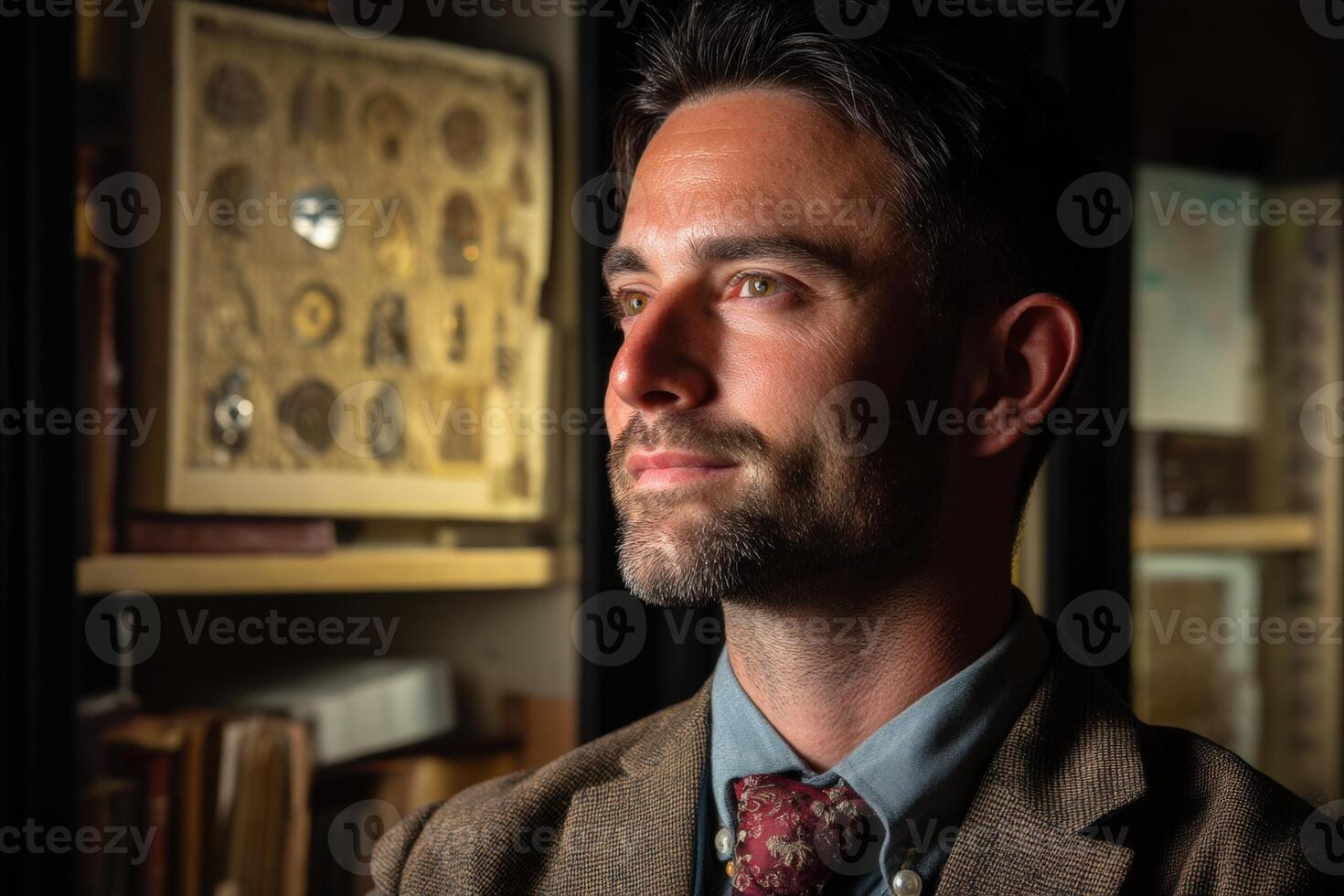 A man with a beard and neat hairstyle looks contemplative. He is wearing a brown jacket, blue shirt, and patterned tie. Behind him are shelves filled with books and artifacts photo