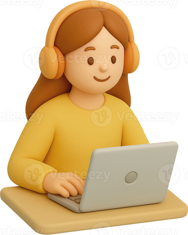 A woman wearing headphones and sitting at a laptop png