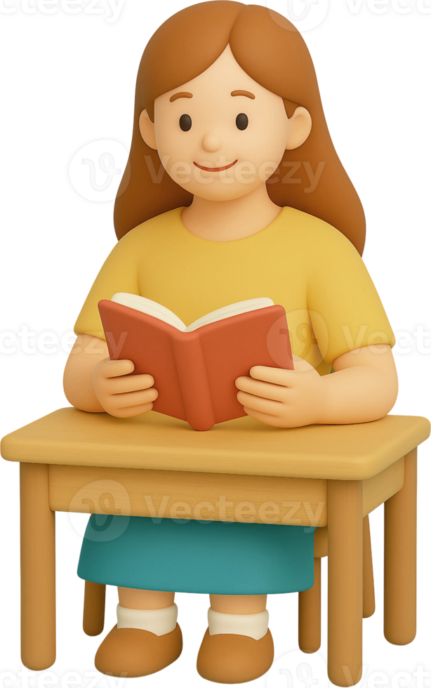 Girl sitting at a desk reading a book png