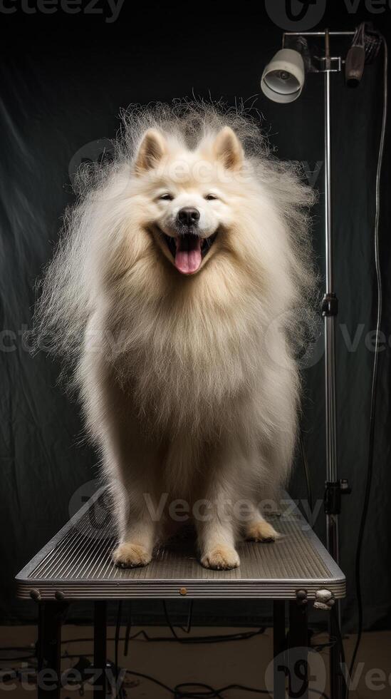 Fluffy white dog with a thick mane stands on a grooming table, illuminated by a spotlight from an overhead lamp. The dog is looking forward, mouth open in a relaxed pose photo