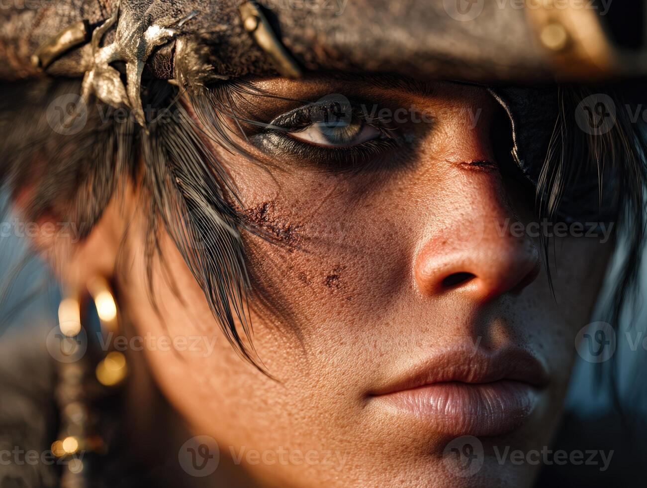 Untitled. Close-up portrait of a person with fierce expression, wearing a weathered hat with embellishments. Features intense eye makeup, scars, and feather details around the eye photo