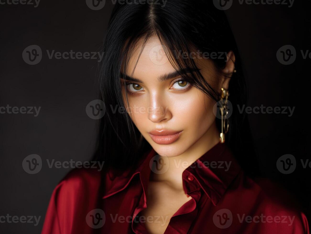 Brunette woman with sleek hair, intense gaze, wearing red blouse and bold earrings, against dark setting. Her elegant style and captivating expression create a mysterious allure photo