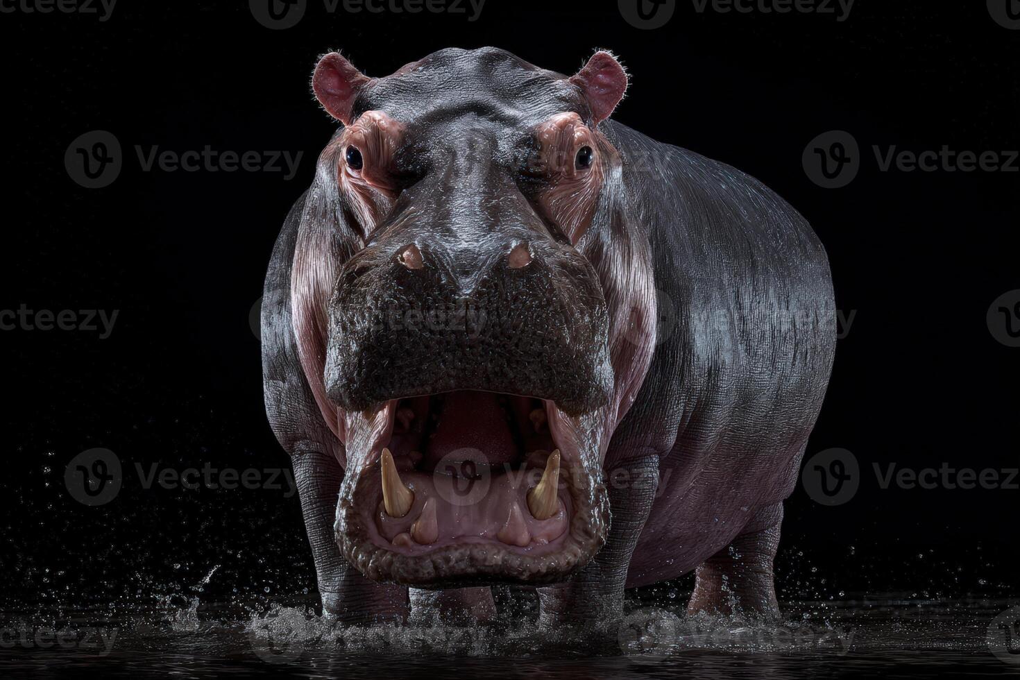 Massive hippopotamus emerges from the water with mouth open wide, displaying large teeth and pinkish-brown skin. Dramatic lighting highlights the wet texture and powerful presence photo