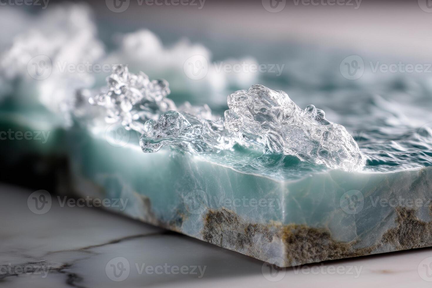 Close-up of a blue textured surface resembling ocean waves frozen in motion, with intricate water-like formations on a marble-like platform, creating a visually captivating contrast photo