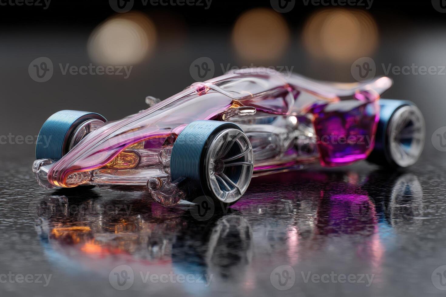 Transparent toy car with sleek design, pink and blue elements, reflecting on a polished surface. The blurred lights in the background add a dynamic effect to the composition photo