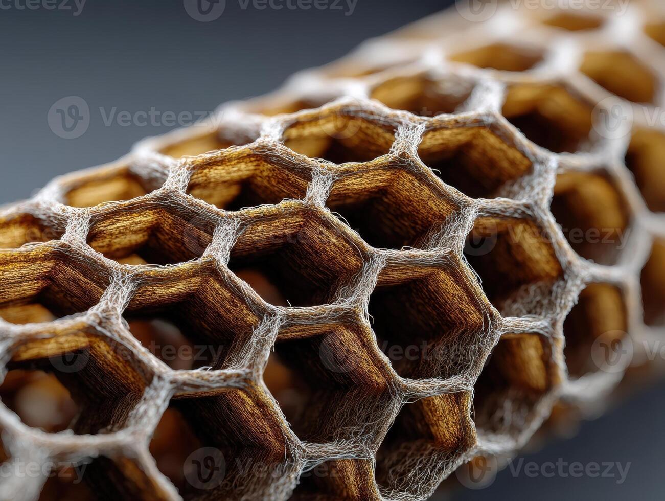 Hexagonal structure with interwoven fibers creates a honeycomb pattern. The intricate design showcases natural textures and geometric shapes in shades of brown and beige photo