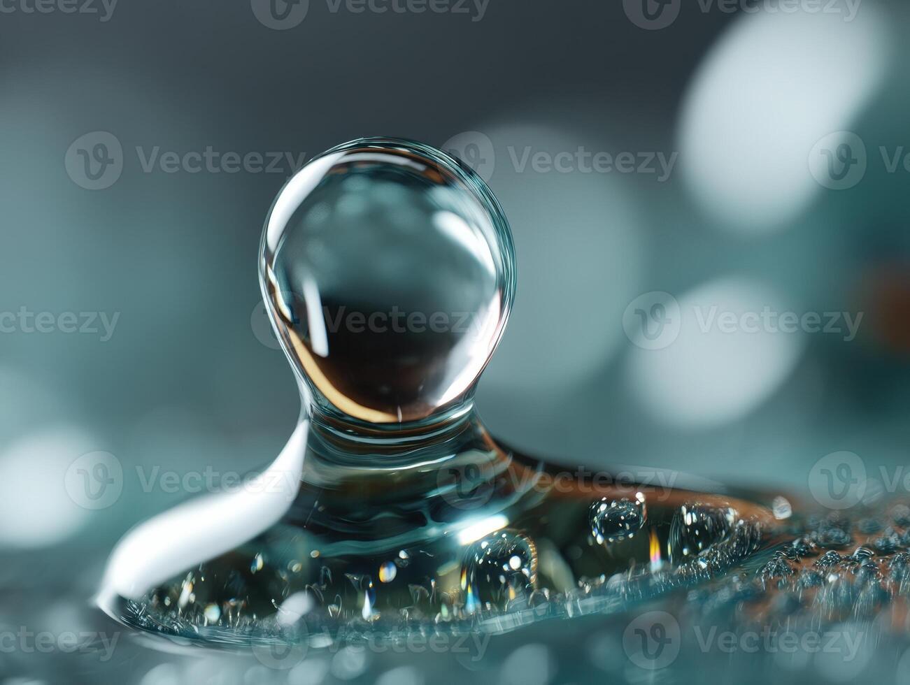 Close-up of a transparent water droplet on a reflective surface with intricate details. Soft bokeh effect in the background, subtle light reflections, and a sense of calmness photo
