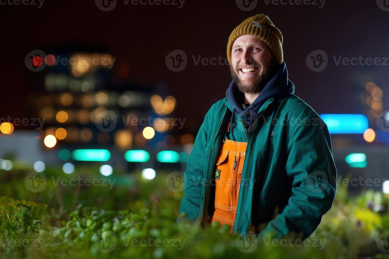Smiling man in green jacket and orange overalls standing in a lush green garden at night. He wears a knitted hat, city lights softly illuminate the background with a gentle bokeh effect photo