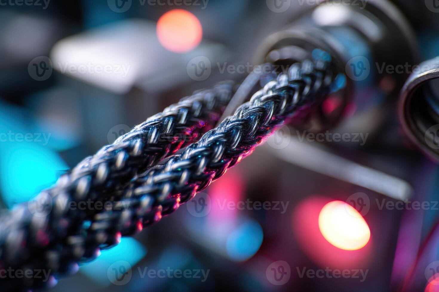 Braided cables with intricate patterns are captured in focus, surrounded by blurred colorful lights. The abstract design highlights technology and connectivity in a vivid modern setting photo
