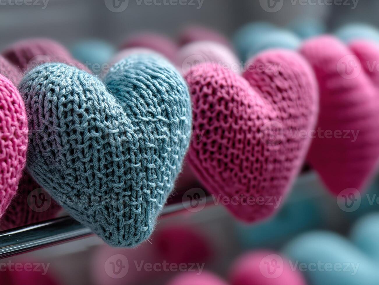 Textured blue and pink knitted hearts are arranged in rows on a reflective surface. The soft yarn, closely knit pattern, and warm hues create a cozy and charming atmosphere photo
