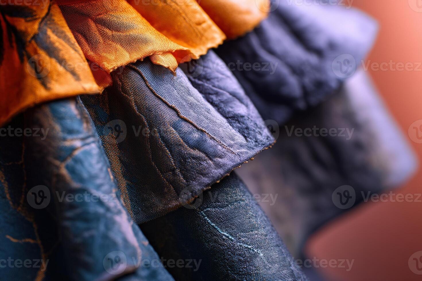 Abstract composition of overlapping textured fabric layers in deep blues and vibrant oranges, creating a dynamic visual contrast with intricate folds and detailed stitching patterns photo