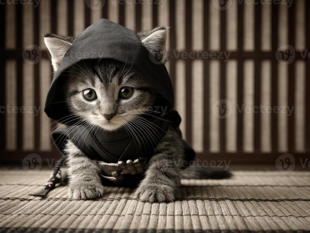 Kitten dressed as a stealthy warrior, wearing a small dark hooded outfit with ears peeking out. Sitting on woven mat with a wooden panel background, displaying an alert expression photo